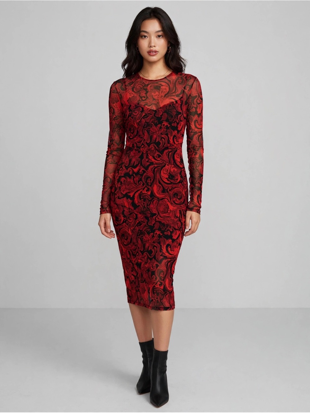 Guess Red and Black Swirl Mesh Long-Sleeve Midi Dress